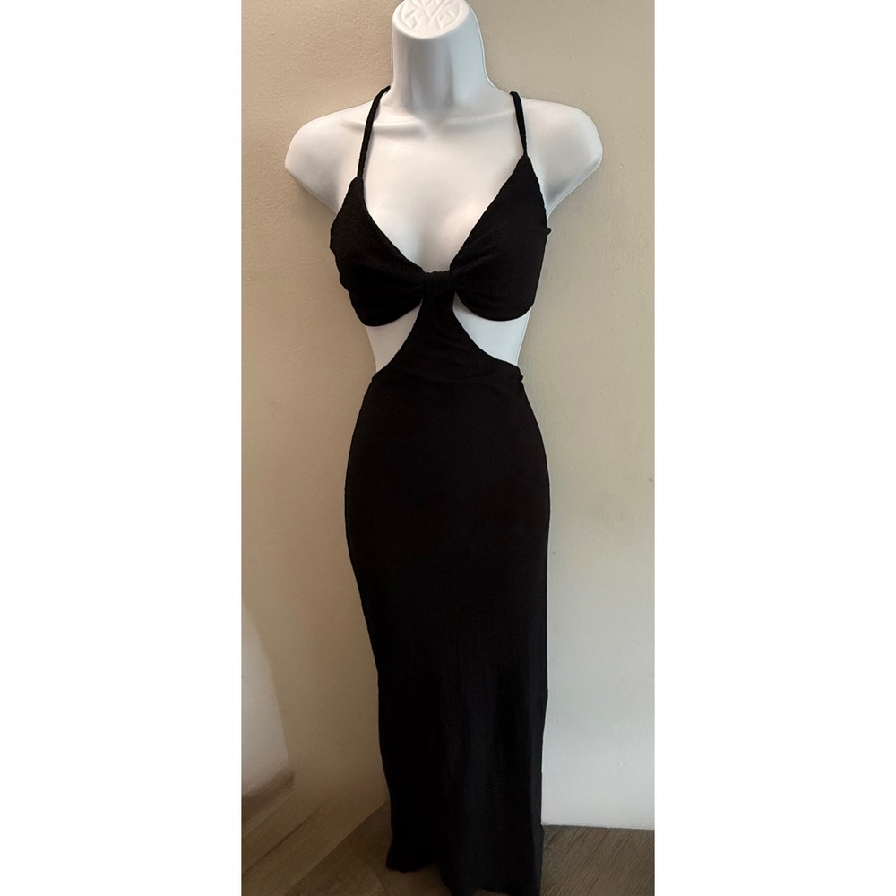 SHEIN Black Cutout Maxi Dress Bow Front Crinkle Textured Halter Size Large
